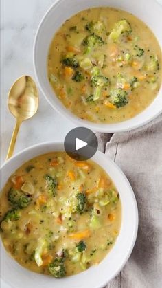 two bowls of soup with broccoli and carrots