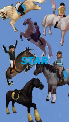 four horses with people riding on them and the words star in blue sky above it