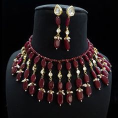 Gold Rodium Polish Red and Maroon color Necklace in Metal Alloy studded with Kundan, Pearl Luxury Ruby Kundan Necklace For Formal Occasions, Burgundy Jewelry, Maroon Necklace, Engagement Reception, Reception Lehenga, Color Necklace, Metal Necklace, White Necklace, Waist Chain