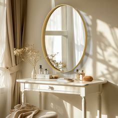 a white table with a mirror and some bottles on it in front of a window