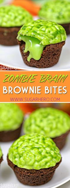 chocolate cupcakes with green frosting on top and the words zombie brain brownie bites