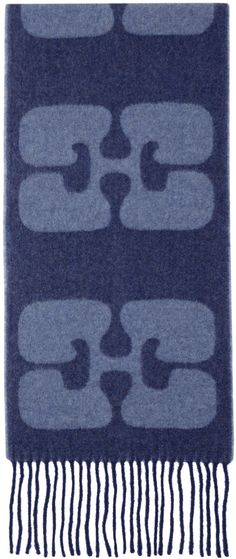 Rectangular brushed recycled wool-blend flannel scarf in navy. · Jacquard logo pattern throughout · Fringed detailing at ends · L60 x W12 Supplier color: Dark blue Flannel Scarf, Flannel Scarves, Logo Scarves, Scarf Crochet, Blue Scarf, Logo Pattern, Crochet Scarves, Scarfs, Wool Blend