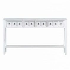 a white console table with four drawers on one side and three smaller drawers on the other