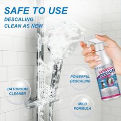 a hand holding a spray bottle next to a shower faucet with the words safe to use descaling clean as new