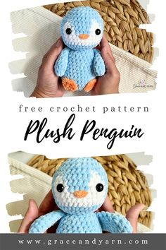 a crocheted penguin is shown with the text, free crochet pattern