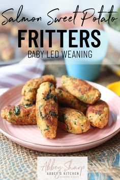 salmon sweet potato fritters baby led weaning recipe on a pink plate