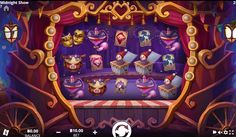 the game screen shows an animated stage with various items on it and in front of a purple