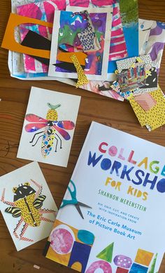 children's workbooks and craft materials laid out on a wooden table with scissors