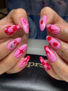 Funky Nail Art Designs, Pink Cherry Nails, Disco Nails Designs, Pink Red Nails, Cherry Nails Acrylic, Ibiza Nails, 80s Nails, Disco Nails, August Nails