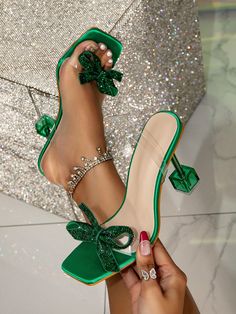 Green Fashionable Collar   Plain  Embellished   Women Shoes Simple Heels, Heel Sandals For Women, Green Shoe, Fashion Shoes Sandals