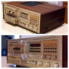 an old radio is sitting on the counter next to it's own clock and other electronic equipment