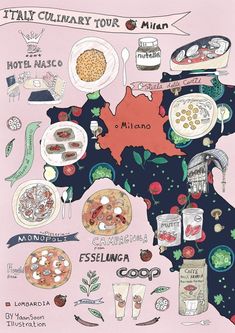 an illustrated map of italy with all the food on it