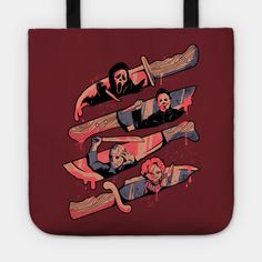 three people with knives in their hands on a red tote bag