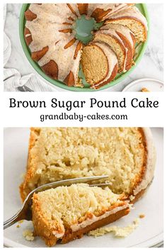 brown sugar pound cake on a plate with a fork in it and another photo of the cake