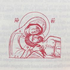 a drawing of the virgin mary holding a baby jesus