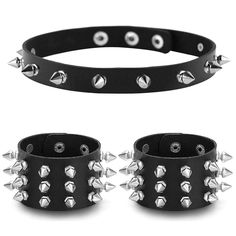 PRICES MAY VARY. ★Premium Material★ Made of high density PU leather,waterproof,smooth surface soft and tactile good. ★Spikes Design★Collar--Made of quality alloy,fine workmanship,not easy to fall off.Cuffs--Made of high strength ABS plastic material which are light weight,sturdy & corrosion resistant. ★Adjustable Size ★ 3 Size Settings,Choker Collars---15.6"x0.58";Fit for Neckline(12"-15");2Pcs Leather Bracelets with 3 Snaps---8.5"x1.95" Fit for Wrist (7"-8") ★Goth Punk Jewelry★ Chic,eye-catchin Punk Rock Jewelry, Novelty Jewelry, Black Leather Choker, Spike Bracelet, Leather Choker Necklace, Wide Cuff Bracelets, Rock Jewelry, Punk Jewelry, Leather Chokers