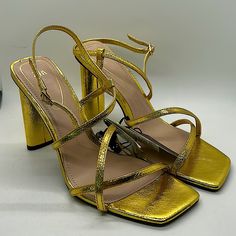 Nwt Never Worn, Dazzling Gold Zara Strappy High Heels. Eu Size 40 = Usa Size 9. - Heel Height: 4-1/2”. - Made With Airfit Extra Comfort Technical Insole Foam That Provides Breathable, Antibacterial, Cushion Factors. - These Are So Sexy! Beautiful, Rich Gold Tone That Will Definitely Draw Attention! Don’t Miss Out! **Comes From A Clean, Smoke Free Home** Gold Heels With Heel Strap For Party Season, Gold Heels With Wrapped Heel For Parties, Gold Open Heel Heels For Party Season, Trendy Strappy Heels For Party, Glamorous Strappy Heels For Spring, Gold Strappy Heels With Heel Strap, Gold Strappy Heels For Evening, Trendy High Heels For Party Season, Fitted Open Heel Heels For Party Season