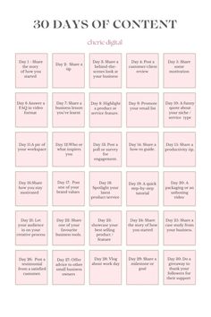 the 30 days of content calendar is shown with pink squares and white text on it