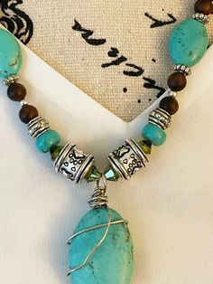 Brown Turquoise Necklace With Natural Stones, Spiritual Style, Earthy Turquoise Jewelry With Wooden Beads, Artisan Turquoise Necklace With Wooden Beads, Southwest Jewelry, Southwestern Jewelry, Turquoise Howlite, Wood Pendant, Over Sized, Olive Wood