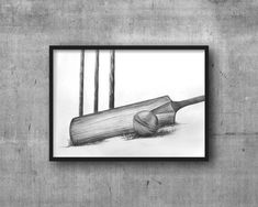 a pencil drawing of a cricket bat and ball in the middle of a room with concrete walls