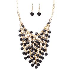 Beautiful Multi Layered Bib Design Bead Stone Statement Necklace Set Black Trendy Black Beads Necklace For Party, Trendy Black Beaded Necklace For Party, Trendy Black Beaded Necklaces For Party, Black Dangle Beaded Necklace For Party, Trendy Round Beads Necklace For Party, Trendy Round Beads Necklaces For Party, Trendy Round Bead Necklaces For Party, Trendy Party Jewelry With Dangling Beads, Black Round Bead Bib Necklaces For Party