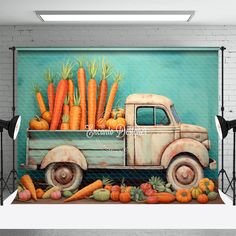 an old truck filled with carrots and squash