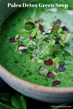 a bowl filled with green soup and garnished with leaves