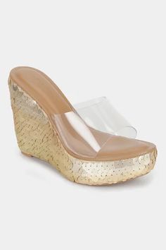 Shop for Aanchal Sayal Gold Faux Leather Needle Sequin Embroidered Wedges Online at Aza Fashions Gold Wedges, Sequin Embroidery, Shades Of Gold, Sequins Embroidery, Buy Gold, Strap Heels, Aza Fashion, Front Open, Open Toe