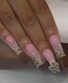 French Tip With Rhinestones Square, Blinged Out French Tip, Nail Inspo Square With Charms, Square Acrylic Nails Charms, Frenchies With Charms Nails, Acrylic Nails With Gold Charms, French Tip Nails With Hello Kitty Charm, Animal Print Nails Art