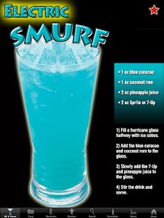 an image of a blue drink with ice on the rim and texting that reads electric smurf