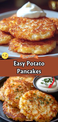 easy potato pancakes on a plate with sour cream