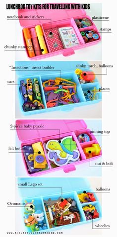 the instructions for how to organize toys in a pink box with blue trays on top