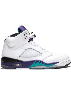 the air jordan 5 retro is available in white, purple and black with blue accents