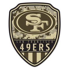 the san francisco 94ers logo is shown on a camo shield with black and white stripes