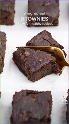 chocolate brownies on a white tray with a gold spoon in it and the words 3 ingredient brownies below