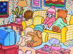 a painting of two teddy bears sitting on a couch in a living room with other stuffed animals