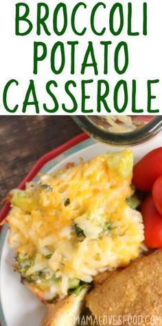 broccoli cheese and potato casserole on a plate with tomatoes, lettuce and bread