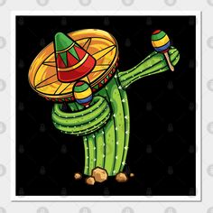 a cactus with a sombrero on its head and maracasa in his hand