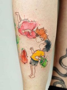 Tattoo ponyo Ponyo Couple Tattoo, Studio Ghibli Ponyo Tattoo, Ponyo And Sasuke Tattoo, Studio Ghibli Tattoo Ideas Ponyo, Men's Small Tattoo