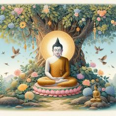 a buddha statue sitting under a tree in the middle of a forest with birds flying around