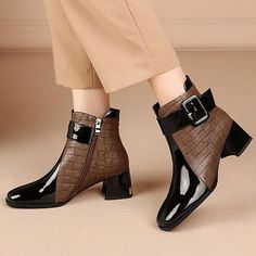 Category:Boots; Upper Materials:Patent Leather; Embellishment:Buckle; Season:Winter,Fall; Heel Type:Block Heel; Gender:Women's; Toe Shape:Square Toe; Type:Booties Ankle Boots; Style:Elegant; Heel Height(inch):>5; Outsole Materials:Rubber; Occasion:Daily; Closure Type:Zipper; Pattern:Braided,Solid Colored; Listing Date:09/05/2022; Production mode:External procurement; 2023 Trends:Combat Boots; Foot Length:; Foot Width:; SizeChart1_ID:2:179956; Size chart date source:Provided by Supplier.; US Size Fall Round Toe Booties For Office, Fall Office Booties With Round Toe, Round Toe Booties For Office In Fall, Fall High Heel Martin Boots With Buckle Closure, High Heel Martin Boots With Buckle For Fall, High Heel Martin Boots With Buckle Closure For Fall, Elegant Brown High Heel Martin Boots, Fall Martin Boots With Buckle Closure And Pointed Toe, Brown Low Heel Boots For Winter