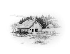 a black and white drawing of a farm house