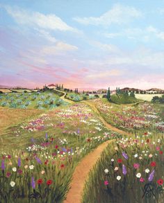 a painting of a dirt road in a field with wildflowers