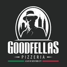 the logo for goodfellas pizzaria with a man in a hat and tie