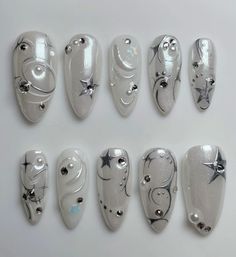 White Chrome Nails, Korean Nails, Pearl Nails, Star Nails