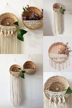 three pictures of different hanging baskets with flowers in them and one is made out of woven material