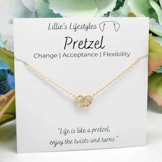 The Pretzel pendant represents Change, Acceptance and Flexibility. “Life is like a pretzel, enjoy the twists and turns.” All of our necklaces come with our signature gift box. Pretzel Necklace, Inspirational Jewelry, Jewelry Inspiration, Life Is, Jewelry Gifts, Gift Box, Twist, Necklaces, Turn Ons