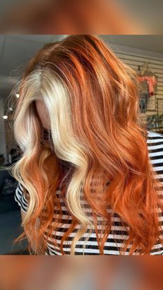 Fall Hair Copper, Long Punk Hair, Copper Hair With Blonde, Red And Blonde Hair, Blonde Money Piece, Red And Blonde, Peekaboo Hair Colors, Red Hair Looks, Red Hair With Highlights