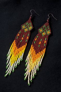 Autumn Legends Native America Style Bead Earring Native Traditional Brown Handwoven Beaded Earrings, Traditional Brown Beaded Earrings With Tiny Beads, Adjustable Brown Beaded Earrings With Large Beads, Brown Large Beaded Dangle Earrings, Brown Large Beads Dangle Earrings, Brown Dangle Beaded Earrings With Large Beads, Indian Style Earrings, Beaded Earrings Native, Bead Earring