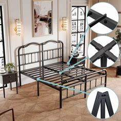 the bed frame is made with metal and has blue tape on it's legs